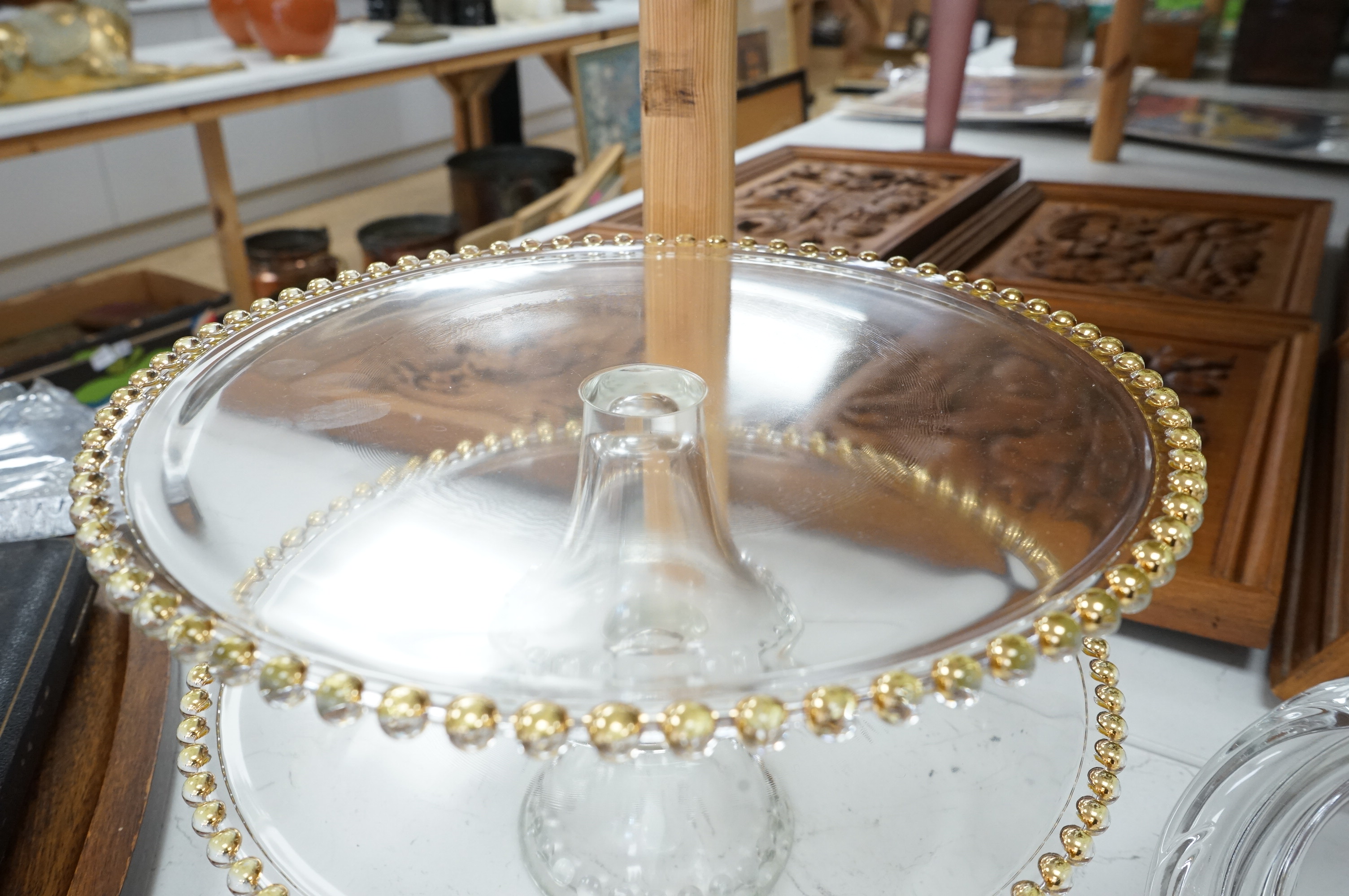 Seven decorative 20th century glass cake tazza, largest 36cm diameter